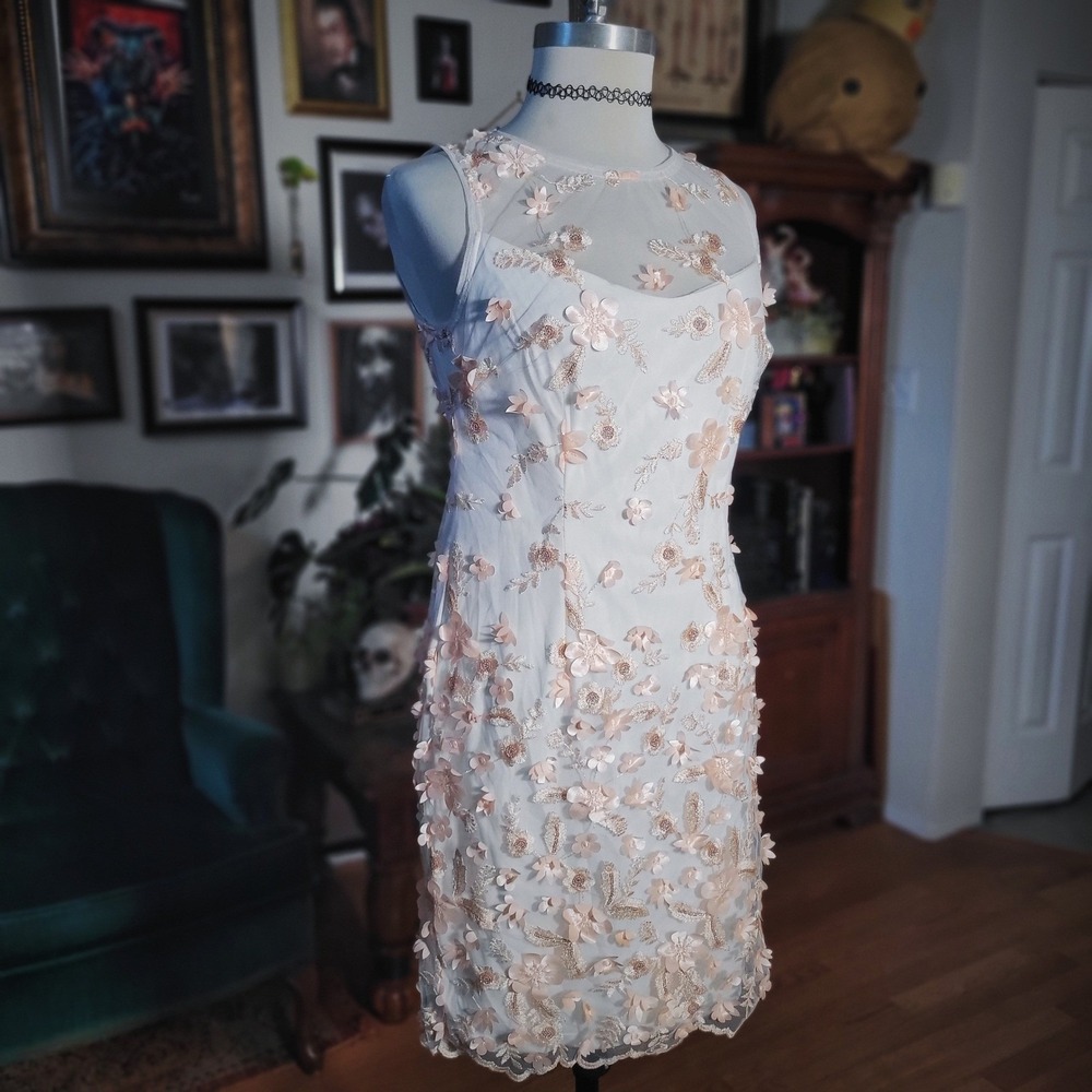 Adrianna‎ Papell White Floral Embroidered Sheer Overlay Sleeveless Dress Size 6